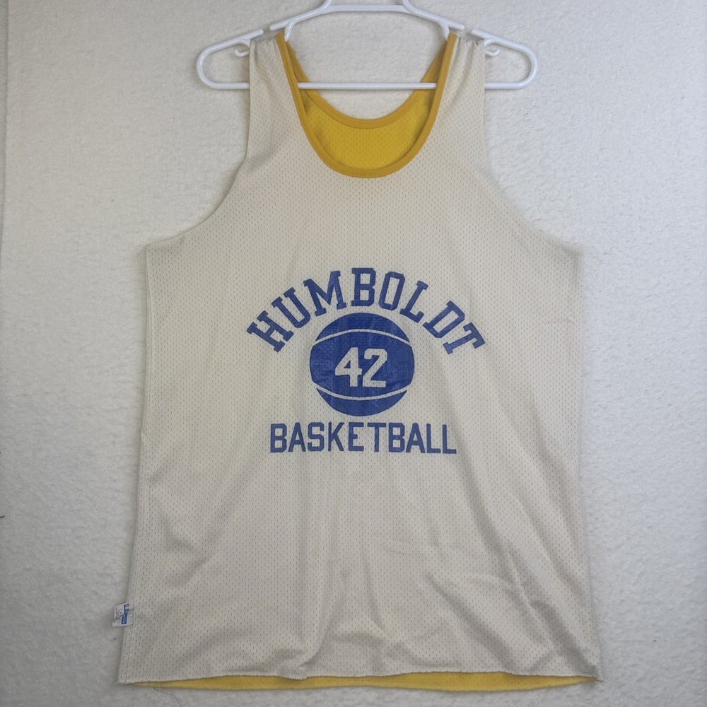 True Vtg 70s Champion Blue Bar Humboldt Basketball Reversible Mens L USA Made